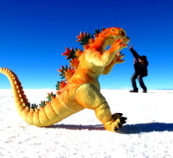 Nate and a dino Salar de Uyuni, Bolivia