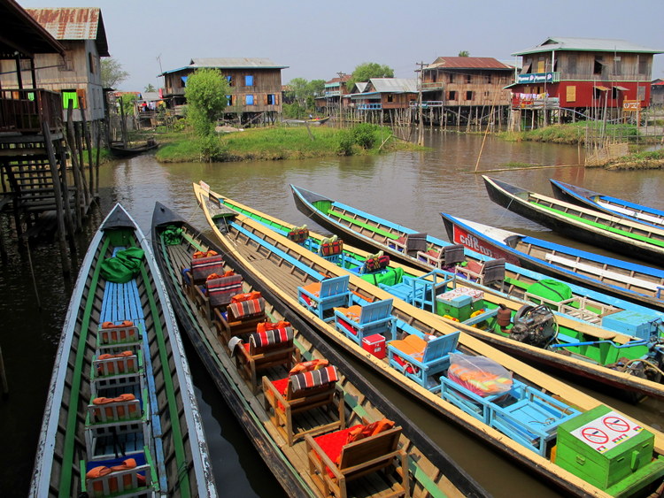 Boats in a line Inle Lake, Myanmar